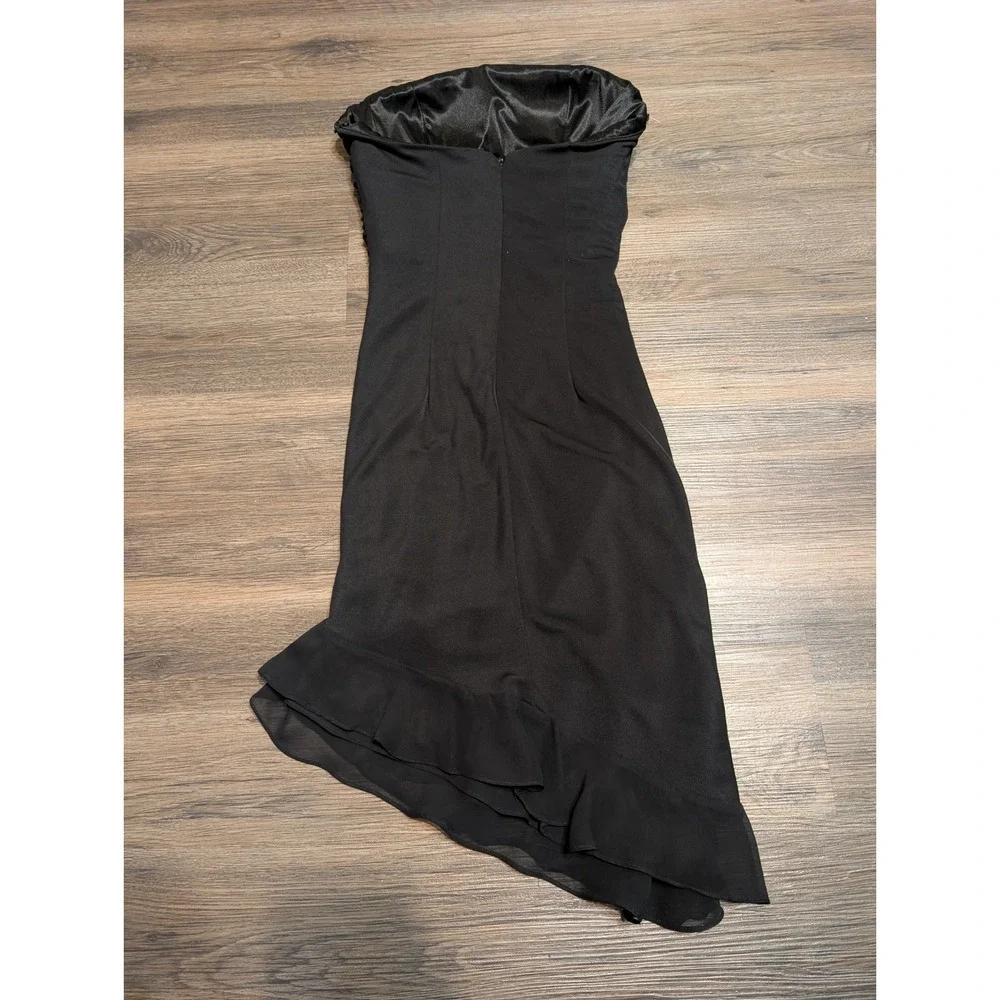 Cache Vintage Y2K Black Beaded Strapless Ruched Asymmetrical Ruffle Dress Size 2